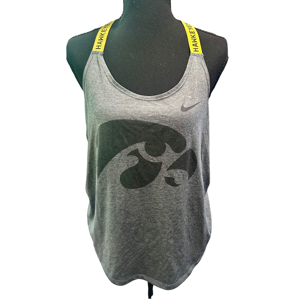Nike Dri-FIT Iowa Hawkeyes Women Large Gray Racerback Tank Top Yellow Straps